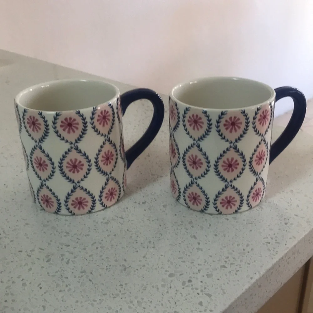 Pink and blue coffee or tea large mugs, feminine Guilded Age English motif print